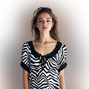 L8teR zebra blouse on off Shoulder Animal Print size LG black white semi sheer